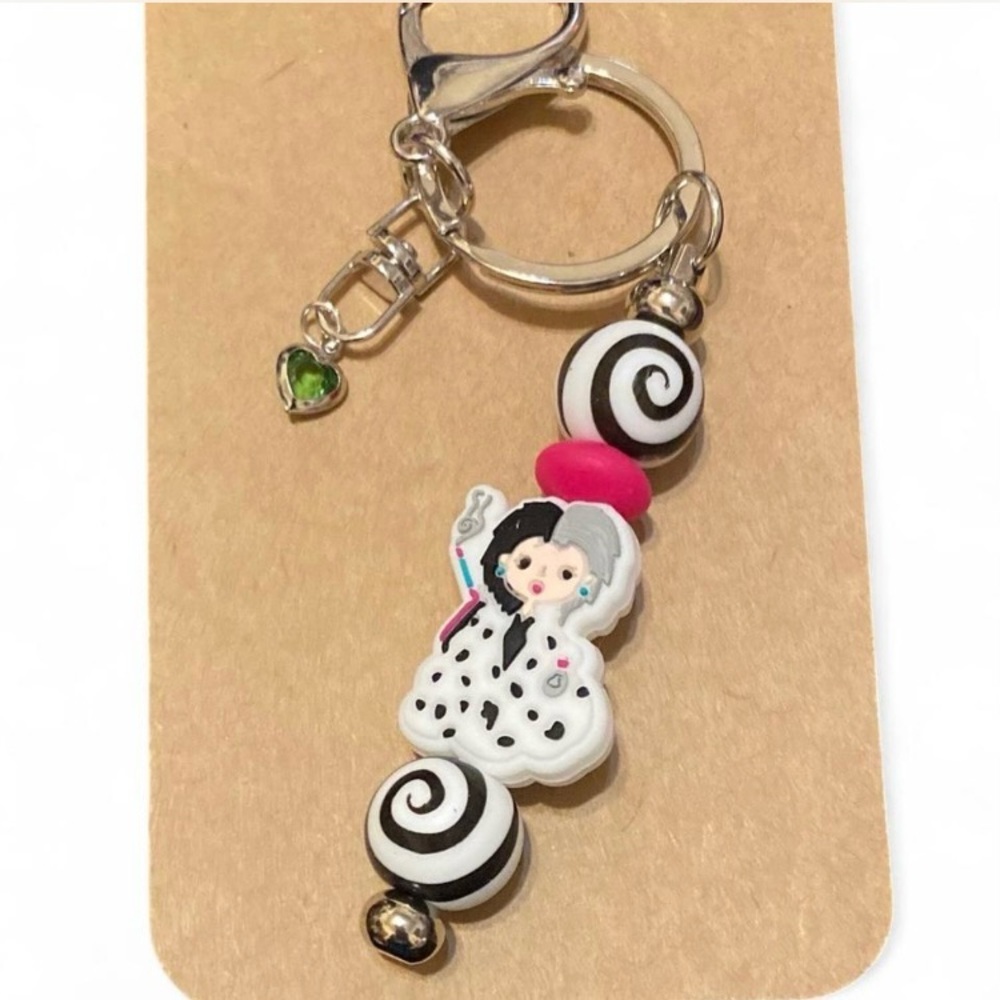 Dalmatian-Print Villain Charm Keychain with Pink & Green Accents